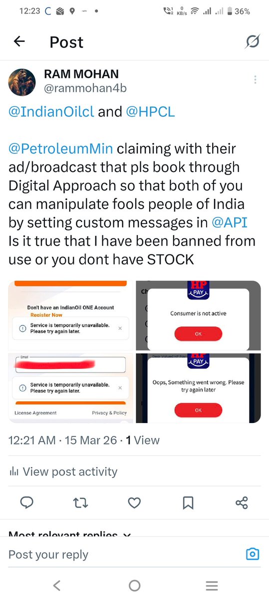 rammohan4b's tweet photo. @IndianOilcl @HPCL @PetroleumMin

You keep advertising “Book LPG digitally” across India.

But when citizens actually try to use your apps:
• IndianOil app → “Service temporarily unavailable”
• HP Pay → “Consumer not active”
• Retry → “Something went wrong”
#LPG #IndianOil https://t.co/tHCRrLxHED