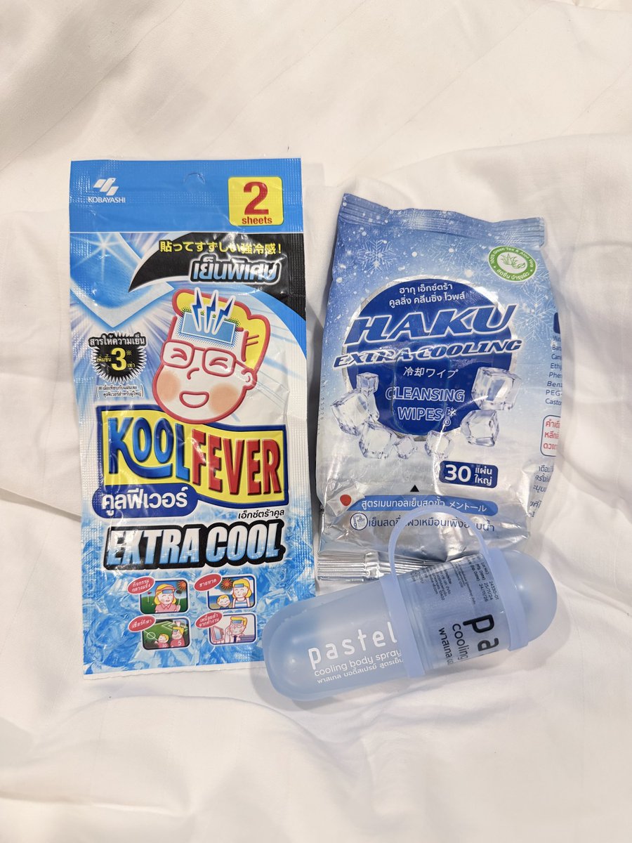 สำหรับชีวิตเดย์วัน ขอยกให้สามสิ่งนี้ เป็น mvp

Kool fever : แปะหน้าผาก ไม่ แปะมือถือ ใช่
Haku: ไม่แสบผิว อาจจะไม่ได้เย็นจัด แต่เช็ดแขนแล้วสบายผิว สดชื่น
Pastel cooling: ที่สุด ละอองดี แสบน้อยกว่า 🐍 เย็นทนเย็นนาน ฉีดปุ้ปอาจจะไม่รู้สึก แต่มันจะค่อยๆมา ฉีดตัวคือ 👍🏻👍🏻 เย็นนานอยู่