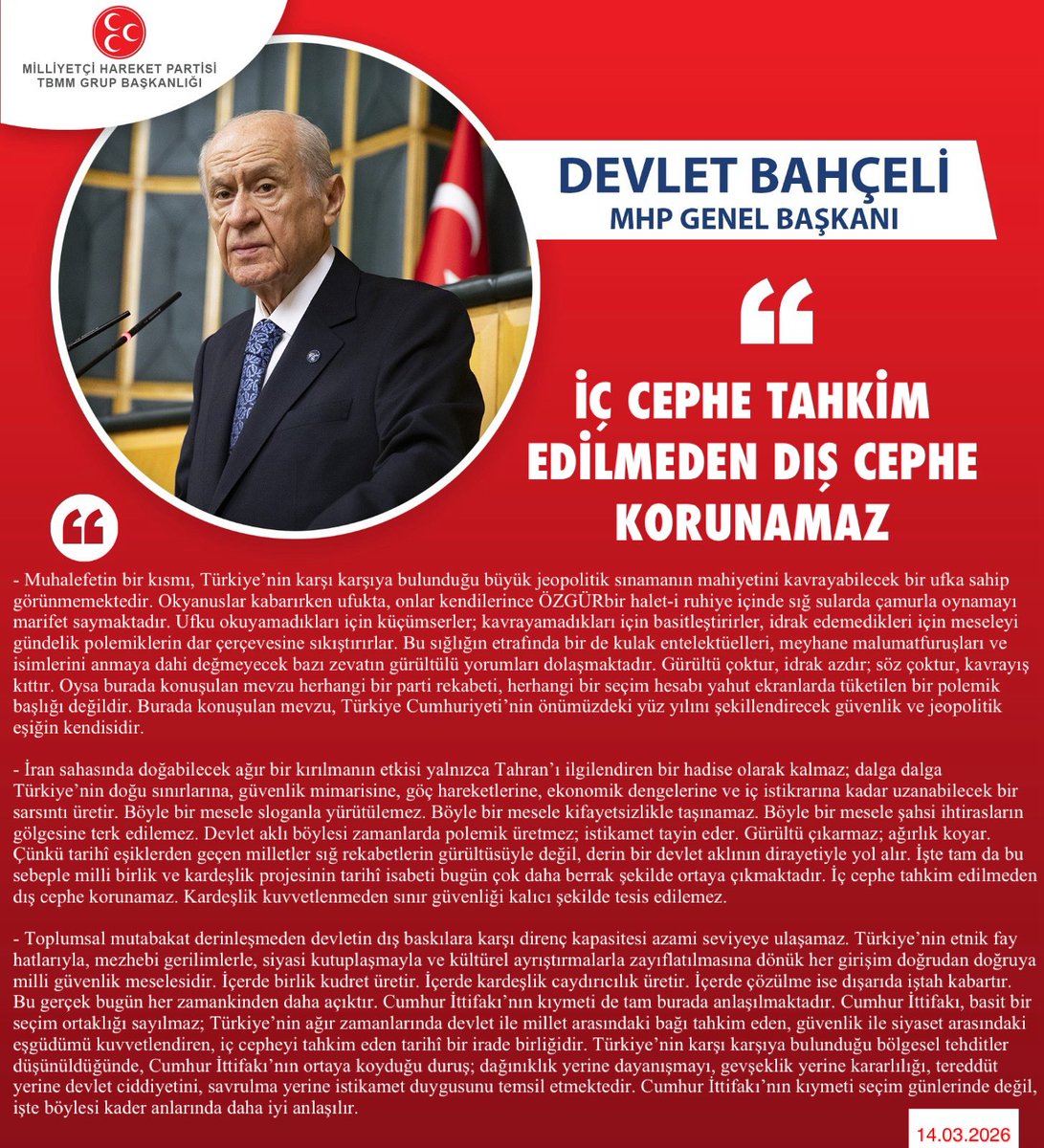Genel Başkanımız Sayın Devlet BAHÇELİ <a href="/dbdevletbahceli/">Devlet Bahçeli</a>: İç cephe tahkim edilmeden dış cephe korunamaz