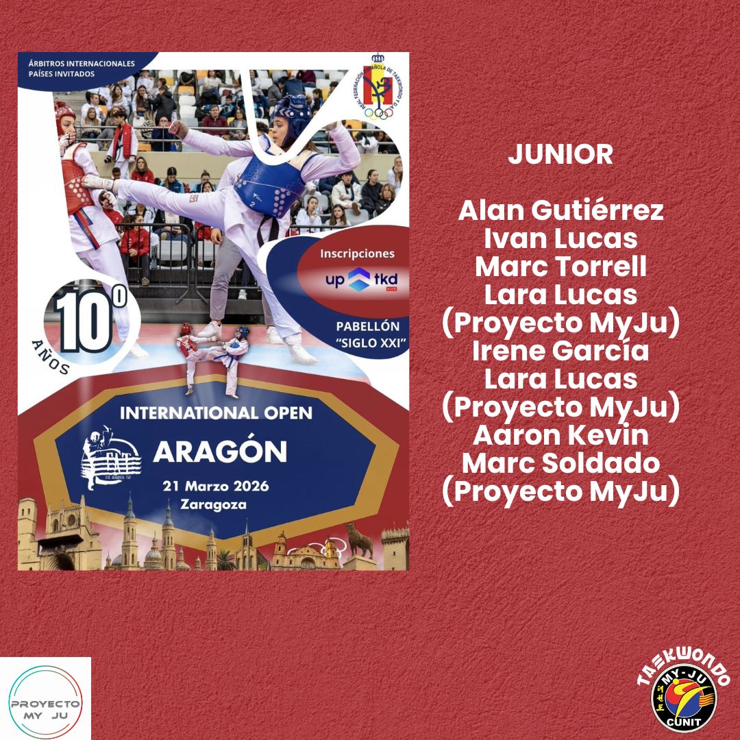 🔥 Este sábado ponemos rumbo a Zaragoza 🔥
El Taekwondo My-Ju Cunit estará presente en el International Open Aragón 2026, una competición internacional que reunirá a deportistas de gran nivel. 
Mucho trabajo detrás, muchas horas de entrenamiento…
❤️❤️ ¡SOMOS UN EQUIPO! ❤️❤️