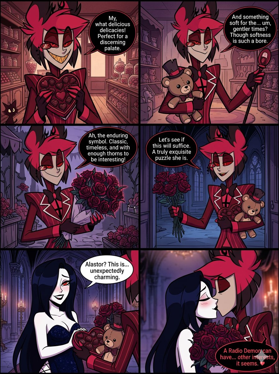 Worked on a little comic of Alastor and my OC, the speech bubble at the end was meant to be them thinking the same thought about the other person, I just didn't fix it right and I think it still makes sense since it looks like the bubble is pointing to them both.