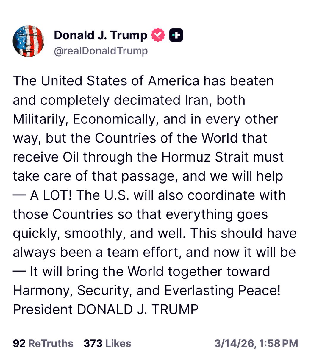 BreannaMorello's tweet photo. 🚨BREAKING NEWS🚨

President Donald Trump says the United States has “ decimated Iran, both militarily, economically, and other way.”

He’s calling on other country’s to help secure the Hormuz Strait. https://t.co/N3PFi5z7fC