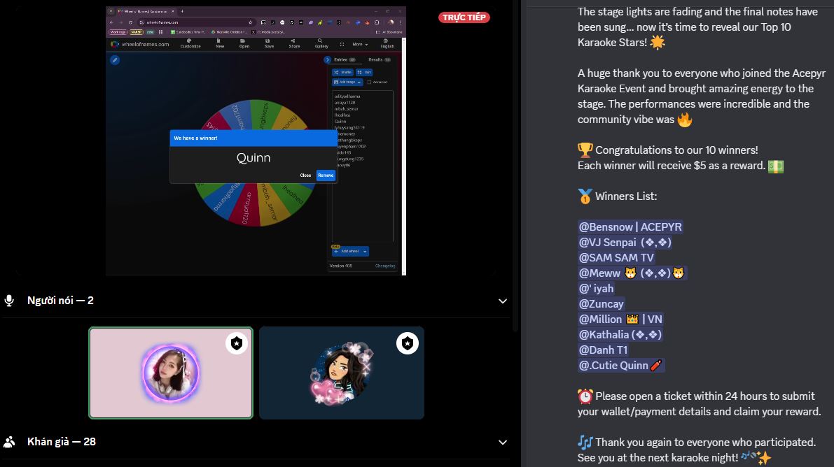 Chào cả nhà nà! 😍 

🍀Thế là buổi Karaoke Night của <a href="/acepyr_/">Acepyr</a>  đã chính thức khép lại với những màn "bắn mic" cực cháy lun. Cảm ơn tất cả ace đã ghé chơi và quẩy hết mình, tạo nên một cộng đồng không thể nhiệt hơn được nữa. 🔥

⚠️Các bạn đoạt giải hãy