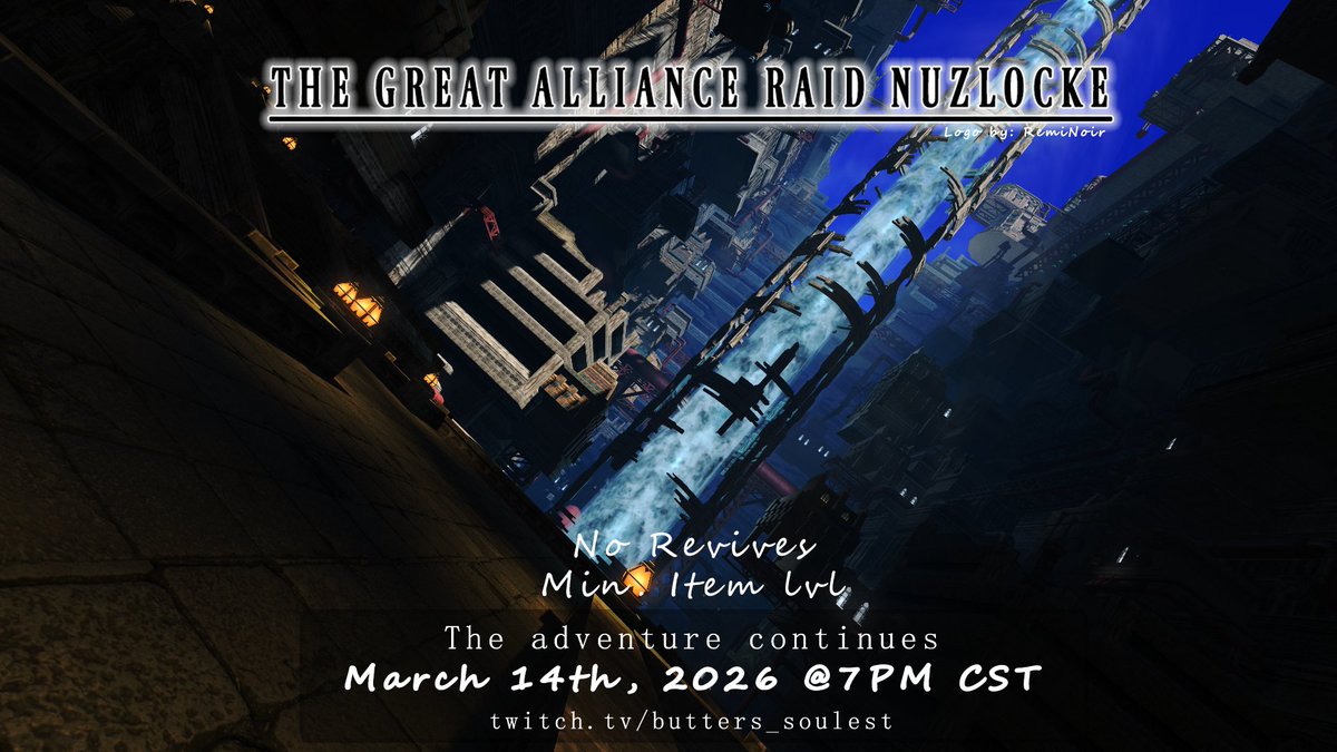 It's been a hot minute but I'll once again be hosting the Alliance Raid Nuzlocke in FFXIV! Our main goal is to complete the Ivalice Series and possibly reach the Nier raids! Shall you cheer us on?

I'll be streaming it once again over on Twitch starting TONIGHT! #FFXIV