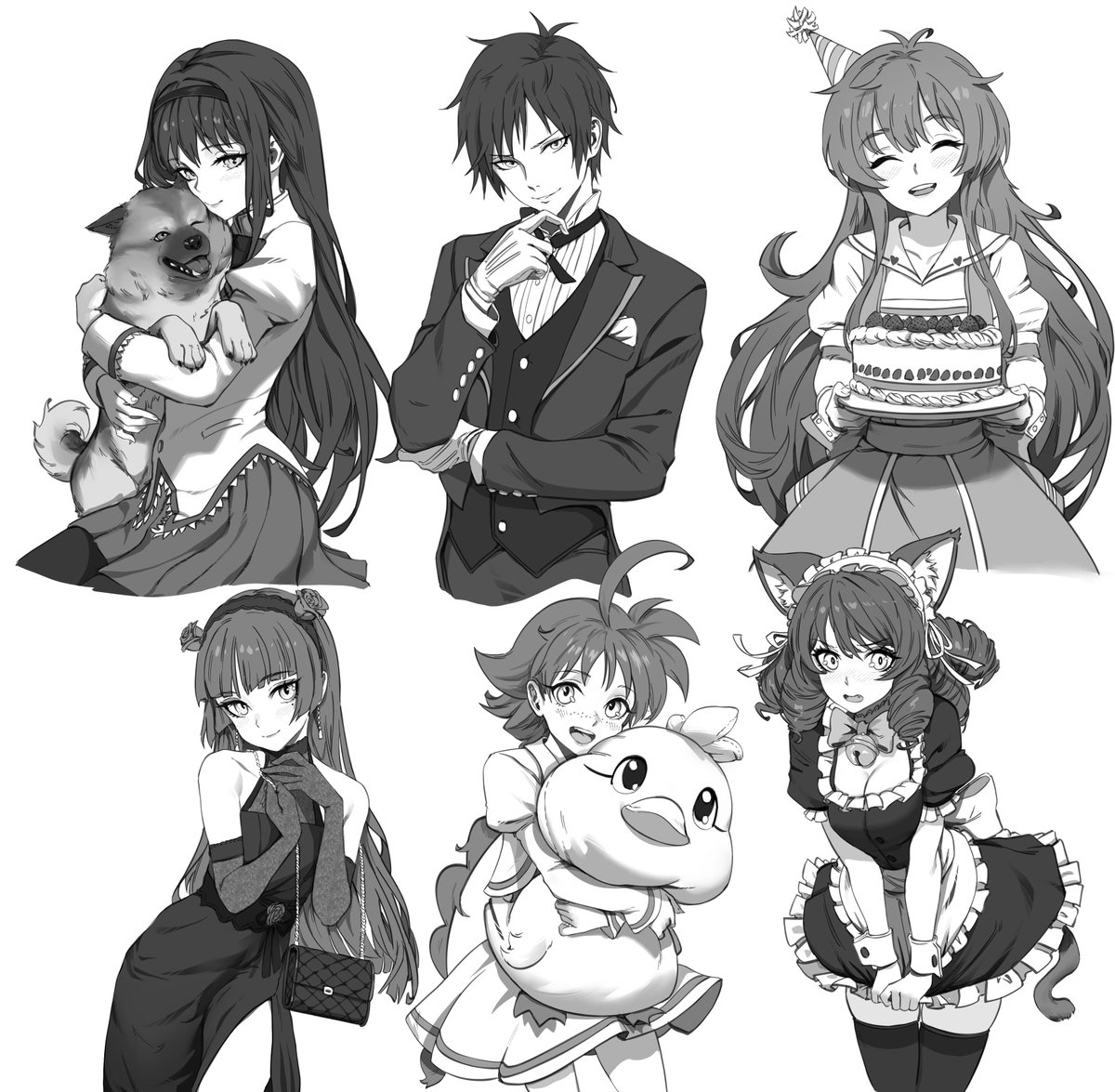 Oooookay, try number three, apparently my canvas size is too powerful for twitter to handle so let's see if splitting it helps

Anyways a big ol' pile of sketches form like a year ago that were done as requests.

Taiga Fujimura from Fate/Stay Night in a wedding dress.

Himiko