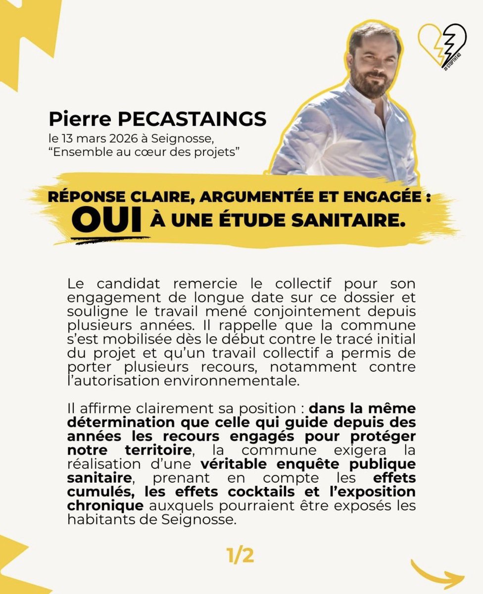 StopTHT40's tweet photo. ELECTIONS MUNICIPALES de SEIGNOSSE
Nous avons posé la même question aux candidats :
"Êtes-vous favorable à une étude d'impact sanitaire indépendante sur la ligne THT Golfe de Gascogne ?"

La santé publique ne doit jamais être un sujet secondaire.
#Seignosse #THT #400000volts 
1/2 https://t.co/FE9SEfRdaI