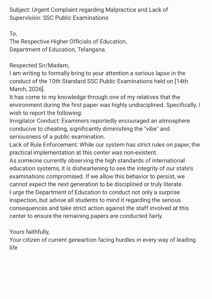 M_H_Chandra's tweet photo. Disturbed to hear about the lack of integrity during today's 10th SSC exam. This isn't helping students; it’s failing our future. We need real-time implementation of rules, not just paper policies. @EducationDeptTS @DEO_Hyderabad #TelanganaSSC #EducationReform #ExamIntegrity https://t.co/F0dqJIQifI