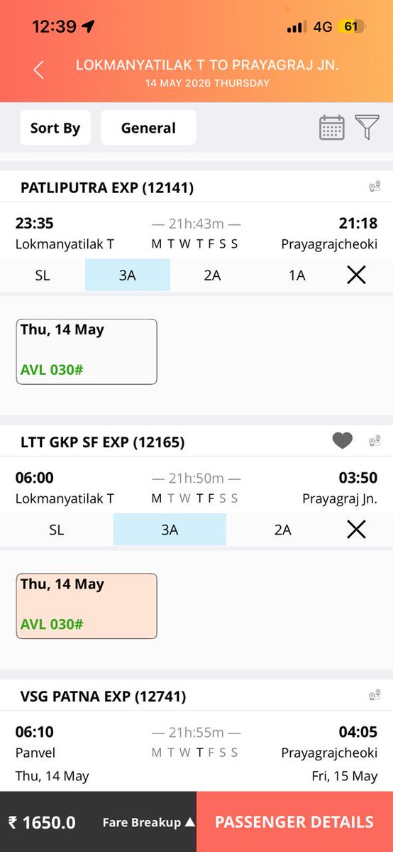 RakeshMumbai78's tweet photo. I would like to seek clarification regarding the seat availability displayed in the Indian Railways ticket booking system at the time when reservations open for advance booking.
As per the current reservation rules, train tickets can be booked approximately 60 days in advance, and bookings open at 08:00 AM on the designated day. Recently, while checking ticket availability for travel from Lokmanya Tilak Terminus (LTT) to Prayagraj for 14 May 2026, I observed something that I would like to understand.
For example, in several trains such as LTT Rajgir Express, LTT DNR Special, and others, the availability shown in 3AC class was around 28–35 seats when the booking opened.
However, typically a 3AC coach has 72 seats, and many long-distance trains usually have multiple 3AC coaches (for example 4–5 coaches). This would mean the total number of seats in 3AC should be around 288–360 seats or more. Despite this, the system displays only about 30–40 seats available at the time booking opens.
Therefore, I would like to kindly request clarification on the following points:
How many seats in each class are made available to the general public booking quota when reservations open?
Are the remaining seats allocated in advance to other quotas such as Tatkal, Premium Tatkal, Railway staff quota, VIP quota, or other reserved quotas?
Is there any official guideline or policy that explains the distribution of seats across different quotas before general booking opens?
Where can passengers access transparent information regarding seat allocation and quota distribution for each train?
Understanding this process will help passengers better plan their travel and improve transparency in the reservation system.
I would greatly appreciate it if you could provide clarification or direct me to any official documentation explaining this seat allocation mechanism.
Thank you for your time and assistance.
Thanking You,
Rakesh Singh,
Whistle Blower,
Mumbai,India.
@RailMinIndia  @RailwaySeva @IRCTCofficial @amofficialCRIS @AshwiniVaishnaw @PMOIndia @narendramodi @AmitShahOffice @AmitShah @raghav_chadha