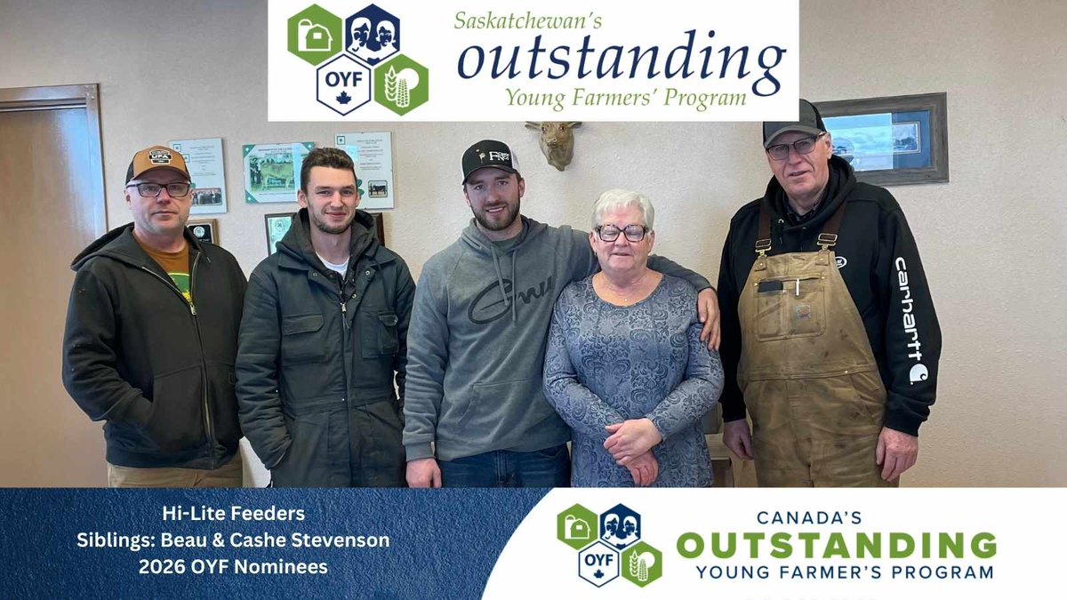 SaskOYF's tweet photo. 2026 Outstanding Young Farmers Nominees: Beau and Cashe Stevenson of Hi-Lite Feeders, compete March 19, 2026 at 12:30pm Live stream in our bio; or join us at the competition @cfsreginask https://t.co/7xduZ9josV