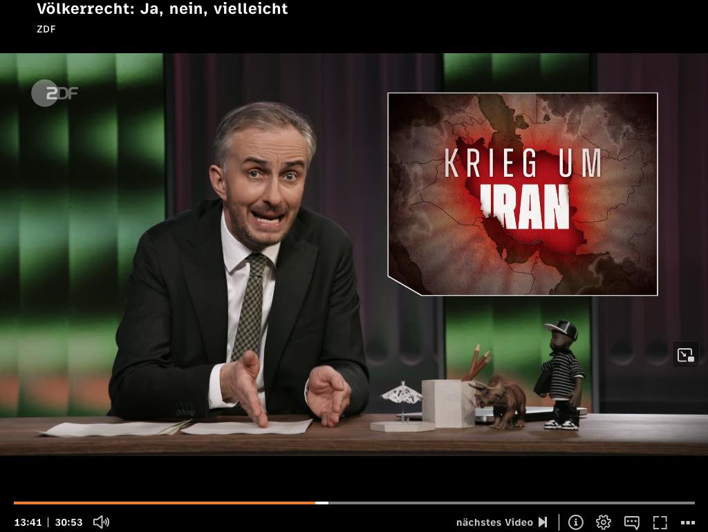 Ein Komiker verhöhnt die Iraner in ihrem Freiheitsdrang und schmäht die USA und Israel dafür, sich kein Mandat vom UN-Sicherheitsrat geholt zu haben, obwohl dort mit Russland und China zwei Verbündete Irans sitzen. Was kommt als nächstes, ZDF? Derbe Witze über die Paralympics?