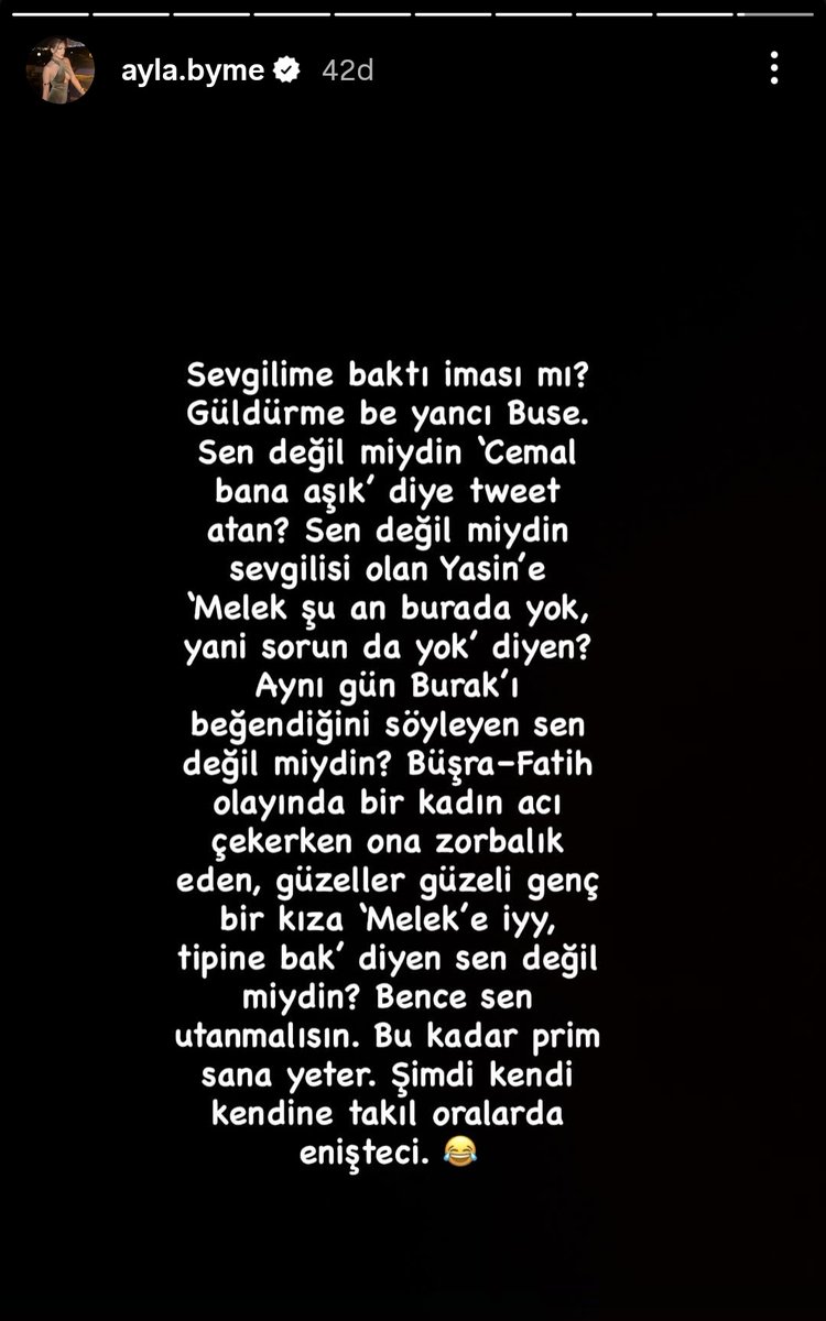Aylanın hikayelerine hak vere vere bir hâl oldum. Gerçekten bölümleri izleyip kurulup tweet atıyorlar. Yetmezmiş gibi kızlara "kahpe" diyen, yapım ekibinden birinin göğsüne yumruk atan Mustafa'yı savunuyorlar. Buse o evde yürümediğin erkek kalmamış. Hepsinin de matchi var?