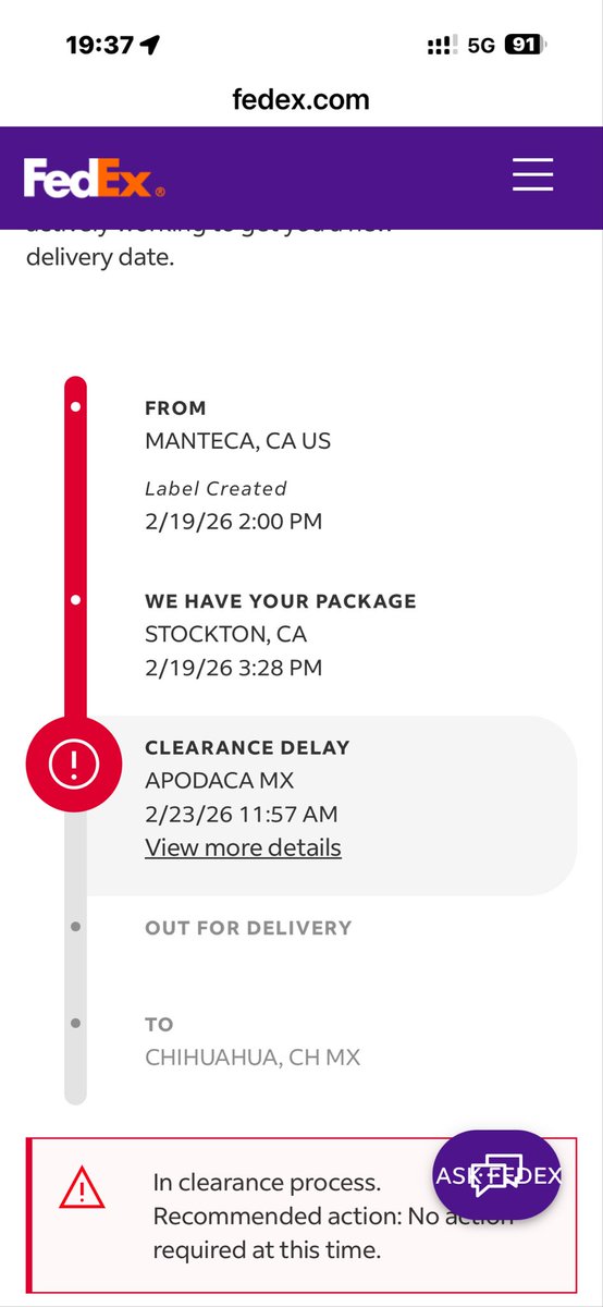 LuisChavezmera1's tweet image. My package has been stuck in ‘clearance delay’ for 3 WEEKS with NO updates and NO request for documents Nobody can tell me where it is. This is unacceptable. I will post every day until fedex give me a solution #FedEx #LostPackage #CustomerService