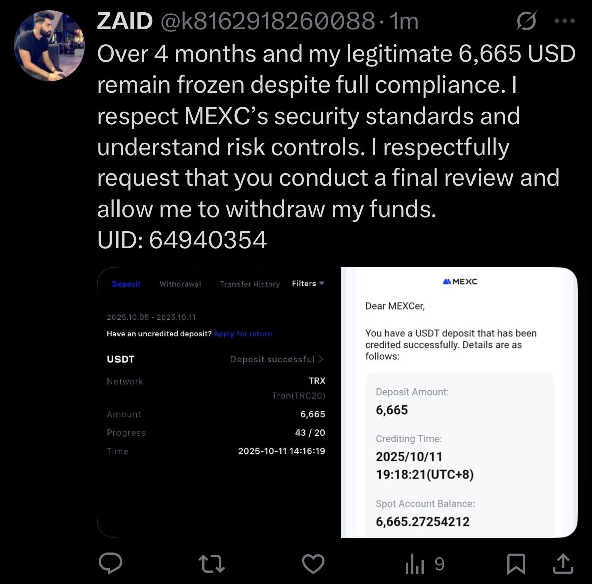 k8162918260088's tweet photo. @MEXC_CST @Em_sirnee @MEXC_Official @_RichardTeng @brian_armstrong @cz_binance @usithetalk @cecilia__hsueh My funds on the MEXC platform have been frozen for 150 days under risk control. I submitted all required documents. Holding my funds this long is illegal. Does #MEXC even have operating licenses?
UID: 64940354 https://t.co/WNlFnL5PDO