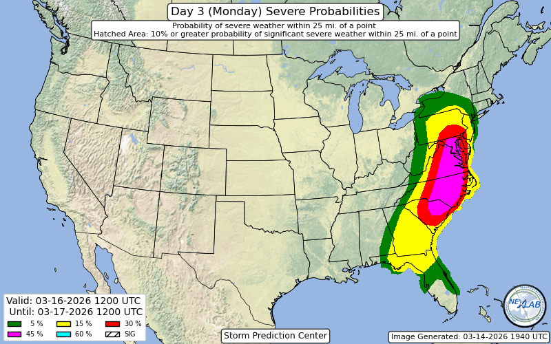 "PRIMARY CHANGES THIS OUTLOOK ARE TO ADD A 45 TOTAL SEVERE  
PROBABILITY ALONG WITH MINOR NORTHEAST AND SOUTHEAST EXPANSION TO  
THE CATEGORICAL RISK AREAS. PORTIONS OF THE REGION, CENTERED ON SC  
TO MD, MAY WARRANT AN UPGRADE TO A LEVEL 4/MODERATE RISK IN LATER  
OUTLOOKS."