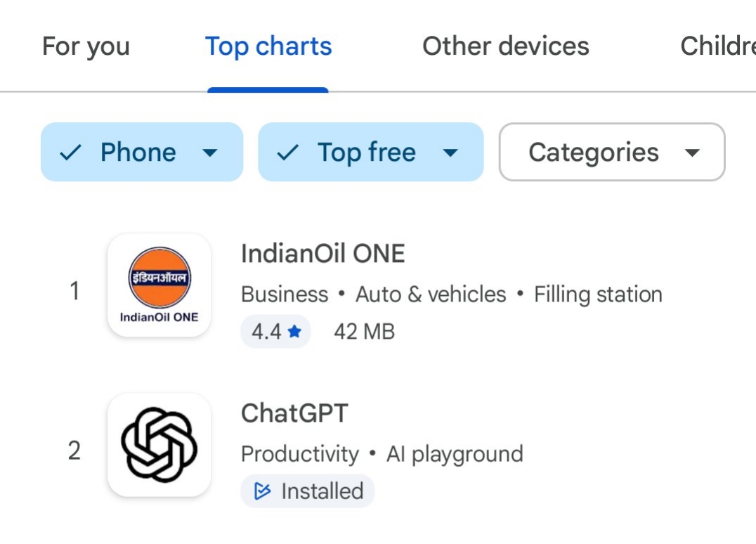 Indian Oil app has overtaken ChatGPT in the top charts of the Play Store 👀