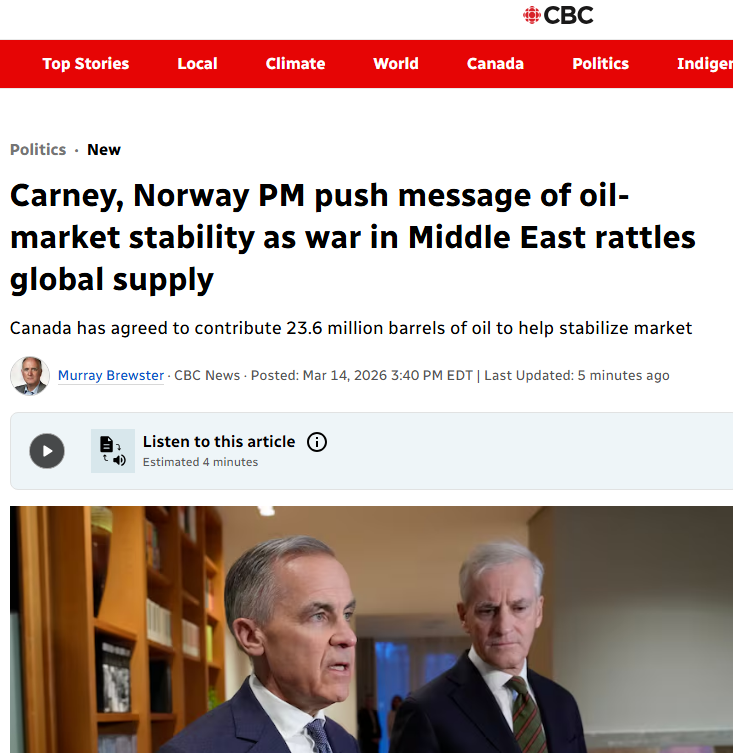cbcwatcher's tweet photo. "Canada has agreed to contribute 23.6 million barrels, Energy Minister Tim Hodgson announced on Friday."

No strategic reserve, no excess capacity in production or transmission,  CBC's Brewster cant be bothered to ask where the 23.6 million barrels is coming from and over what period.  

It's clear why CBC is the PMO stenographer of choice
@Murray_Brewster