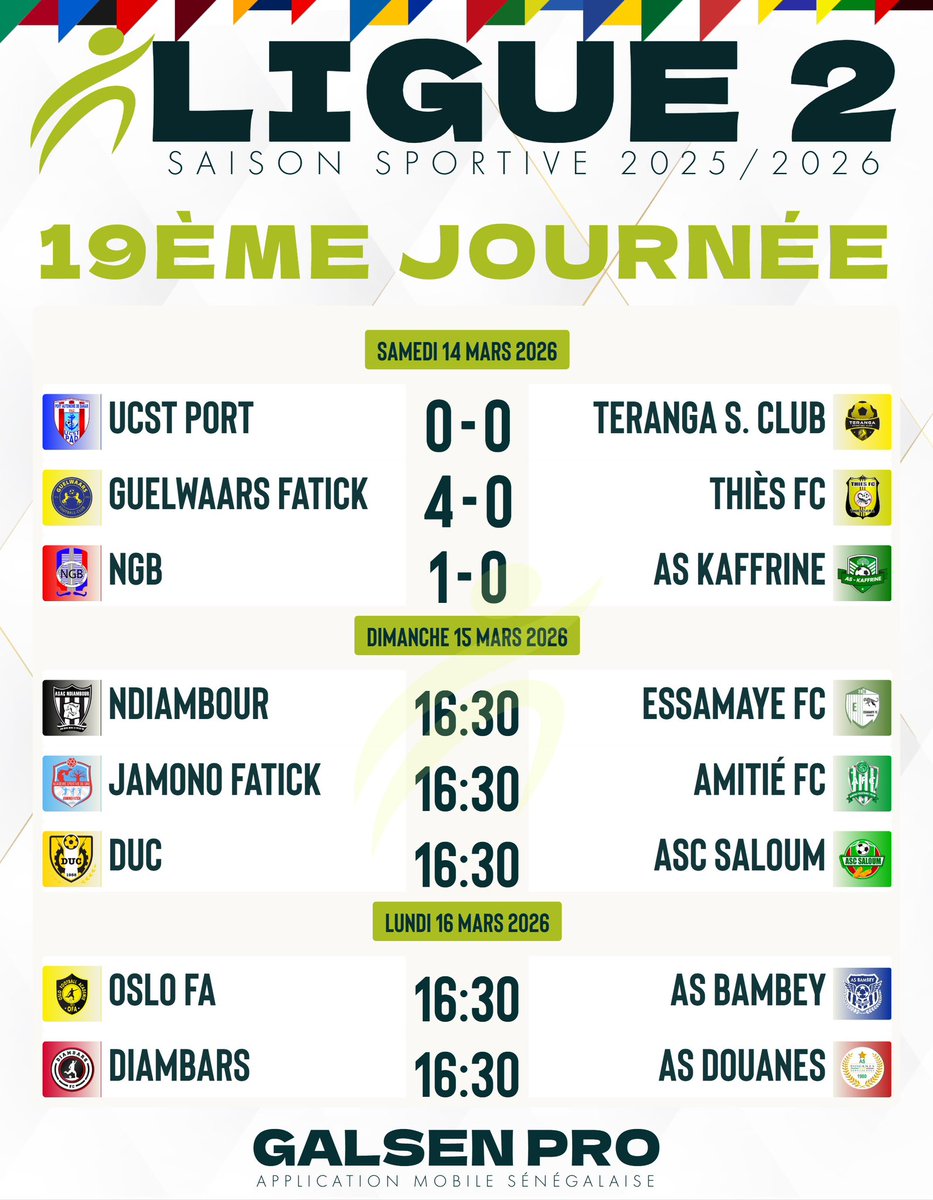 galsenpro_'s tweet photo. 🏆 [🅻🅸🅶🆄🅴 2️⃣] 🇸🇳 Résultats &amp; Classement 19eme Journée 2025/2026 #Ligue2SN https://t.co/sJIsQdF74K