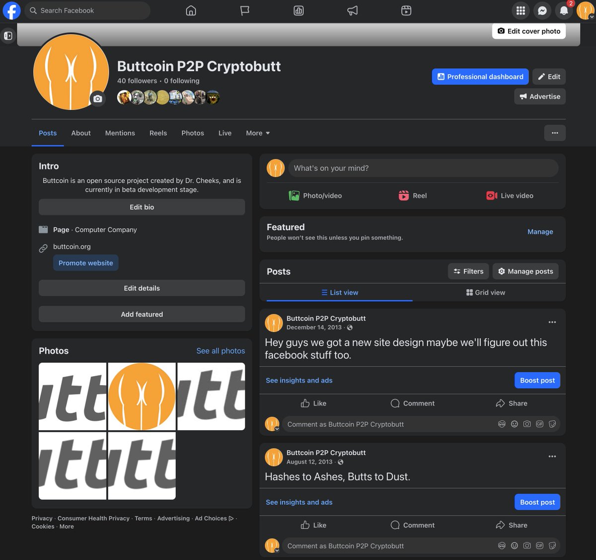 Forgot I opened up a $Buttcoin Facebook page in ... *check notes* ... 2013! Made two posts and promptly forgotten but at least my login still works. Memories.