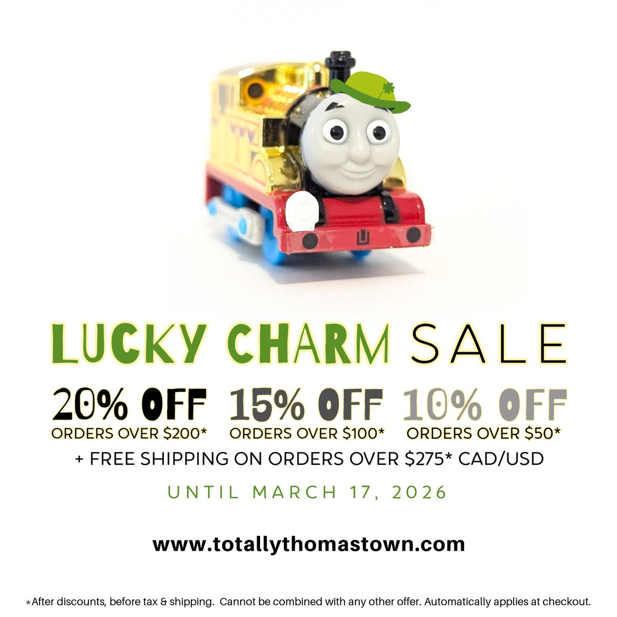 🍀 Lucky Charm Sale — limited time savings of up to 20% off! Don’t miss out! 🍀 

Shop now at totallythomastown.com

#totallythomastown #thomasandfriends #thomasthetankengine #trains #kidstoys #kidsplay #onlineshopping #smallbusiness #yvr #ttt