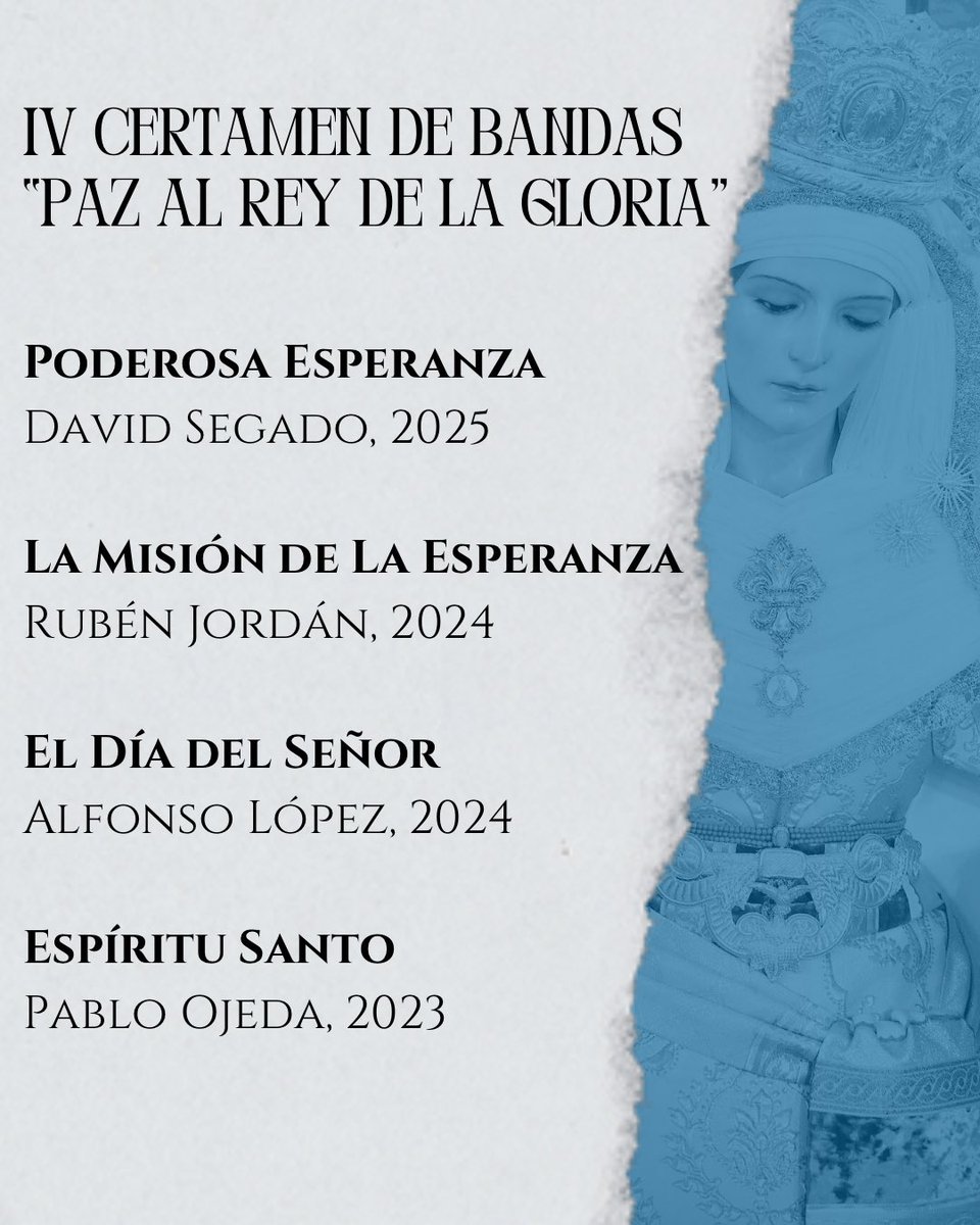 bmpedroglaserna's tweet photo. Compartimos la selección de marchas de procesión que interpretaremos mañana en el IV Certamen “Paz al Rey de la Gloria” organizado por La Borriquilla de Jódar https://t.co/6RFhxpanlM