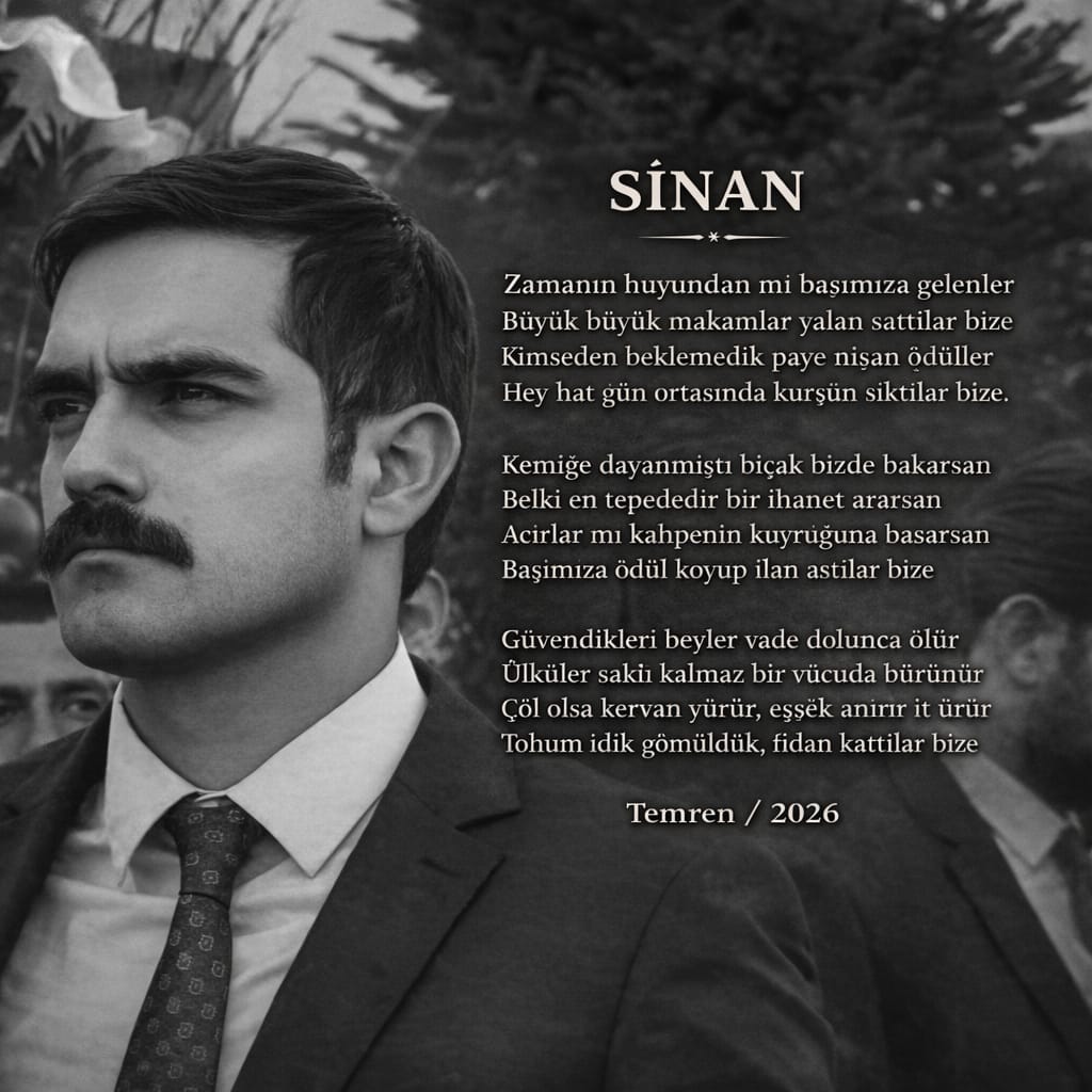 Güvendikleri beyler vade dolunca ölür
Ülküler saki kalmaz bir vücuda bürünür
Çöl olsa kervan yürür eşek anırır it ürür
Tohum idik gömüldük fidan kattılar bize!

#SinanAteş #SinanAteşiçinAdalet
