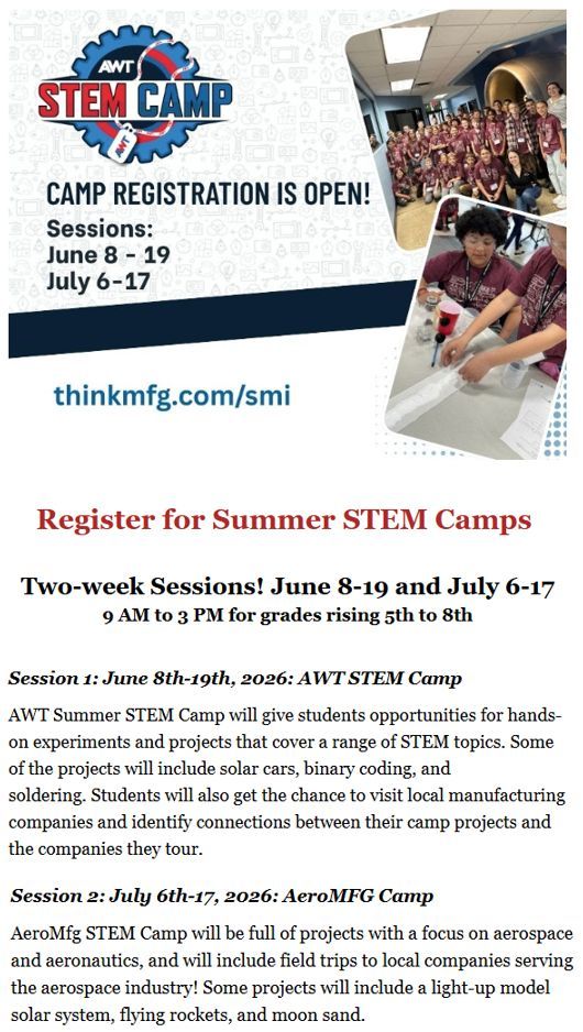 Is your child looking for something fun to do during the summer?  The AWT SMI Camps are scheduled for June and July.  Use this link to register:  thinkmfg.com/smi/?utm_sourc…