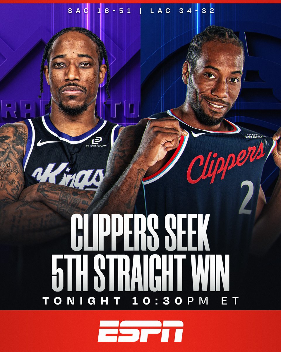 Clippers aim to keep rolling as Kawhi Leonard leads the push for a 5th straight win against DeMar DeRozan and the Kings!
📺 10:30pm/et • ESPN