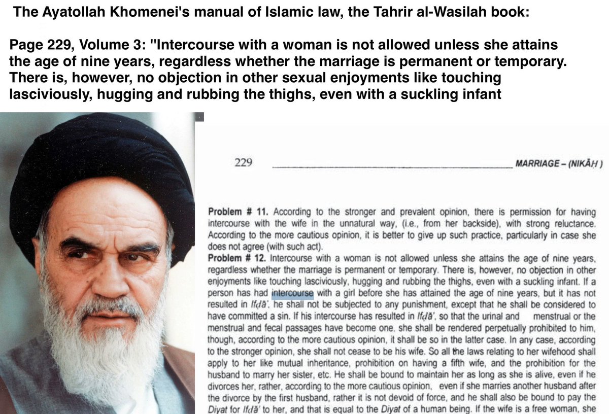 sashamdige's tweet photo. It's honestly pathetic how obsessively he rants about the 'Epstein coalition' nonstop, while completely ignoring that his own Supreme Leader was a literal PSYCHO PEDOPHILE and yet here you are, still shilling propaganda for that disgusting so-called 'Islamic' regime :))))

👳🏽‍♂️ Ayatollah Khomeini (Iran's first Supreme Leader) has been called the "Jeffrey Epstein of the Middle East" due to controversial rulings in his book Tahrir al-Wasilah, still taught in Iran😐🤦🏽‍♀️

In the book he states full intercourse is forbidden until age nine but permits other sexual acts like lascivious touching, hugging, and thigh rubbing—even with suckling infants🤯🤯🤯

Further sections discuss under-nine intercourse scenarios, with limited punishments and ongoing marital obligations, paralleling pedophilic exploitation 🤮🤯🤦🏽‍♀️

Now, are you still wondering why most Iranians are completely dismissing Islam???

We've been living our entire lives under this regime that's endorsing pedophilic behavior under religious pretext, doesn't respect any human rights for the people, doesn't treat women and men equally, and is all about suppression, killing, lying, and propaganda!! 

In this video, the guy who actually studied the book is criticizing what they've forced people to study in Shia seminaries: 
https://t.co/O6eamitJdo

Here is another video in Farsi:
https://t.co/HuEKuen2Ky

And here you can find a PDF version of the book (in Arabic), so you can find all his Islamic lessons and translate it yourself:
go to https://t.co/rV7ZcZkRD5
And follow the instructions to find it!