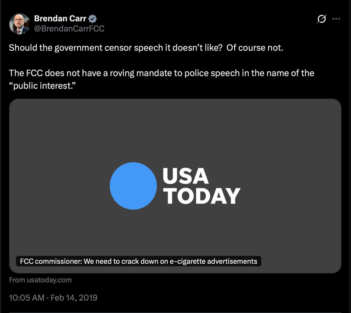 <a href="/BrendanCarrFCC/">Brendan Carr</a> <a href="/KeithOlbermann/">Keith Olbermann</a> The FCC does not have a roving mandate to police speech in the name of the “public interest.” - Brendan Carr, 2019
Hey Brendan,
You’ve been inducted into the Hall of Fame of Hypocrisy. How do those over-sized Florsheims fit?