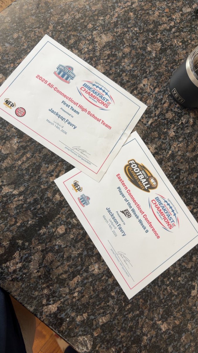 JacksonFavry's tweet photo. Beyond grateful for the 2 awards that I received today.
1st Team Walter Camp
Eastern Connecticut Player of the Week 
#waltercamp #god #glory #work @CoachBehonick https://t.co/icX456YDEC