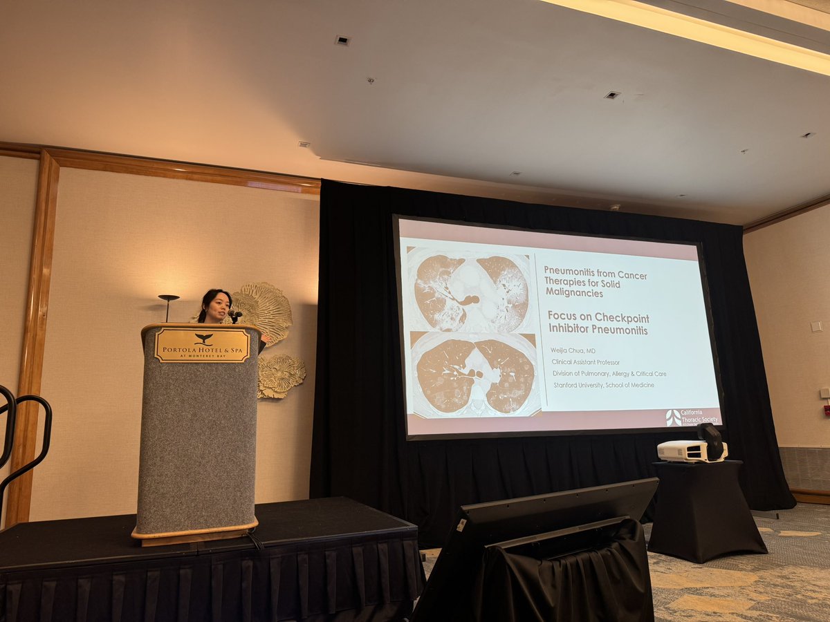 CalThoracic's tweet photo. Dr. Weija Chua from @StanfordHealth discussing pneumonia’s from cancer therapies for solid malignancies. @CalThoracic 2026 https://t.co/rjJAr1ahg0