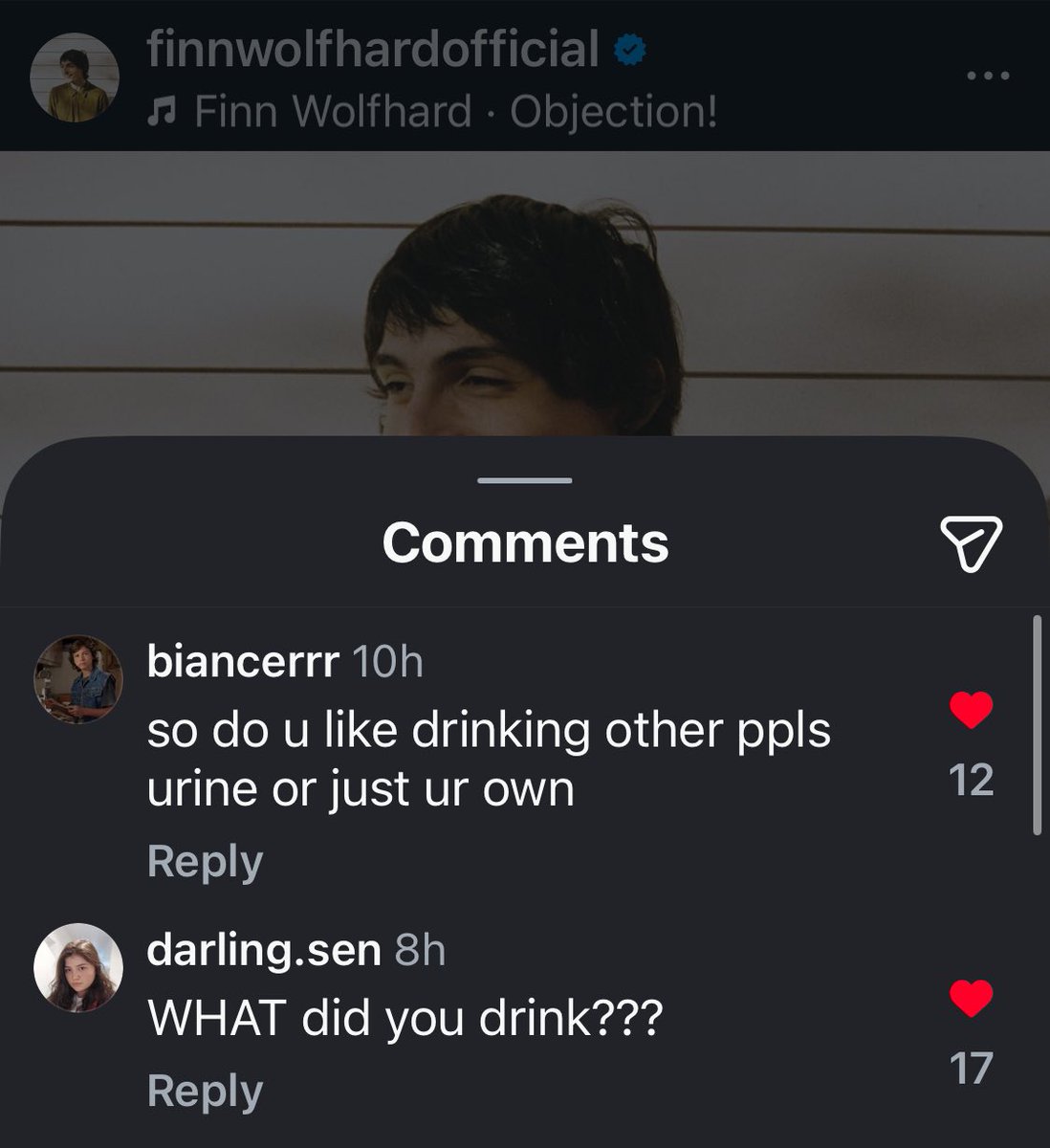 the comments on finn wolfhards festival gig headlined by tate mcrae being about him drinking his piss its what he deserves