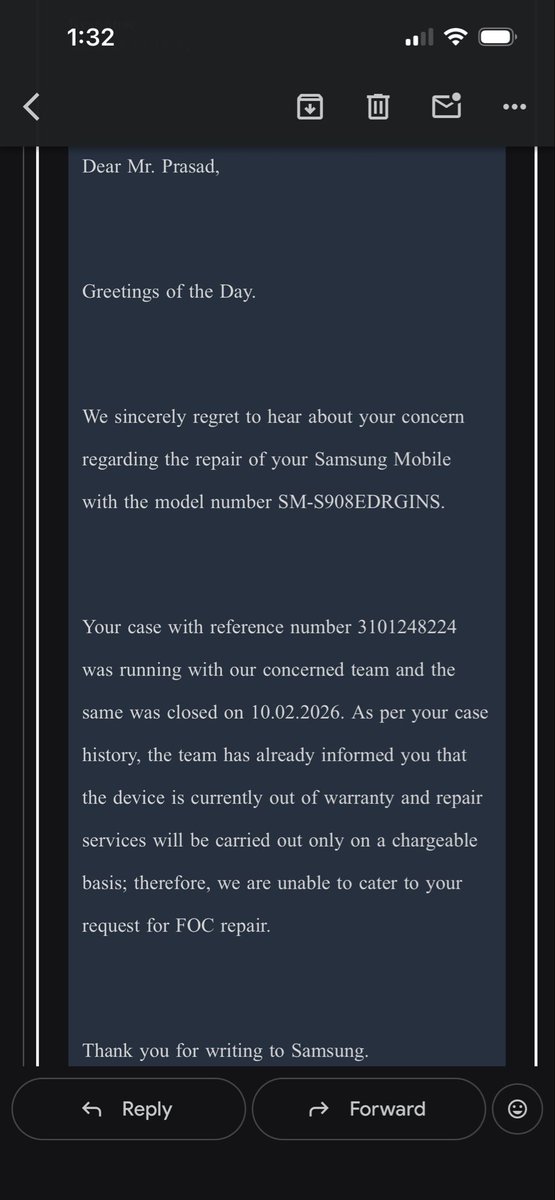 p2481130's tweet image. Disappointing service from @SamsungIndia. My flagship S22 Ultra (SM-S908E) has a update failure, yet support refuses a FOC repair despite it being a KP. Expecting better durability and support for a premium device.
Case:3101248224
#Samsung #S22Ultra #CustomerService #SamsungIndia