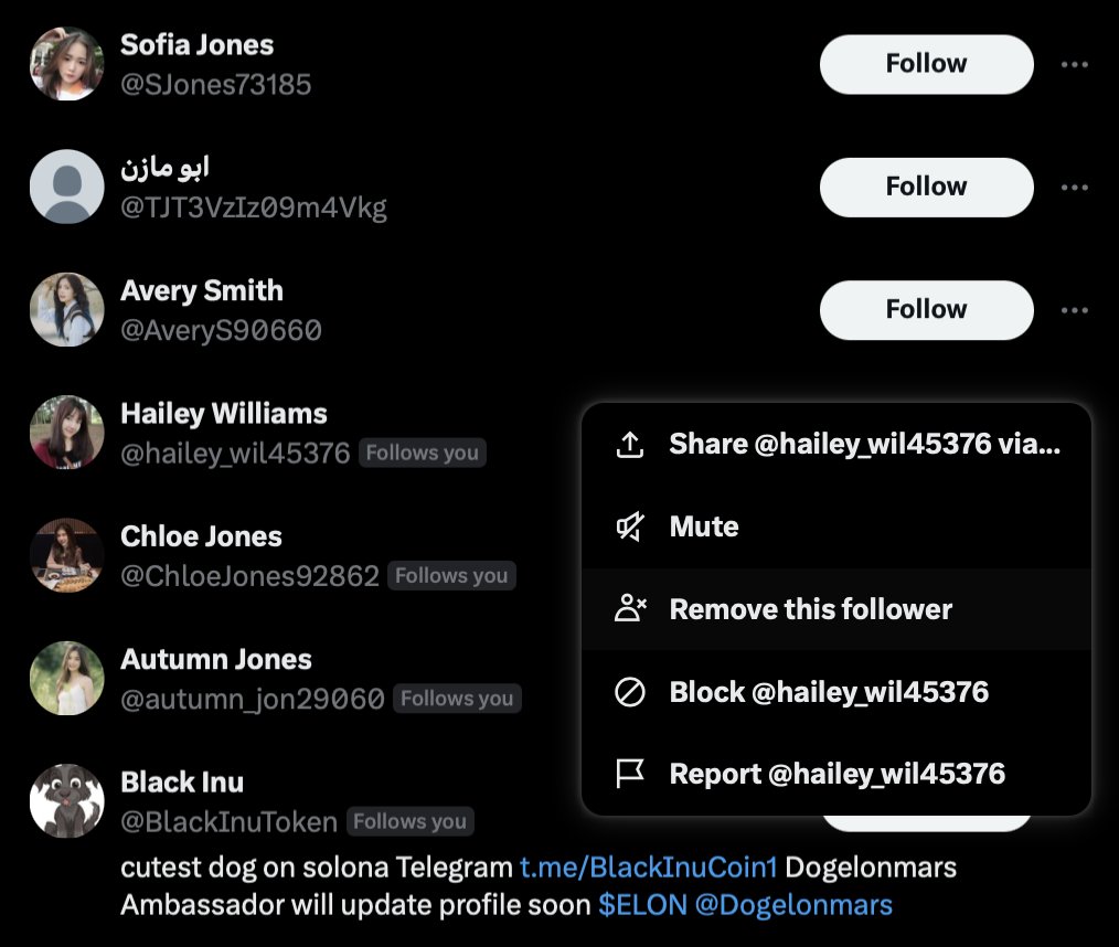 Mich_CBalanceG's tweet image. I am removing all followers with the surnames Jones, Johnson, Brown, Smith, and Williams. These are all bots; I didn't know there were so many with the same surname, haha. They are supposedly all Asian ladies.

I am also removing everyone without a profile picture and without a