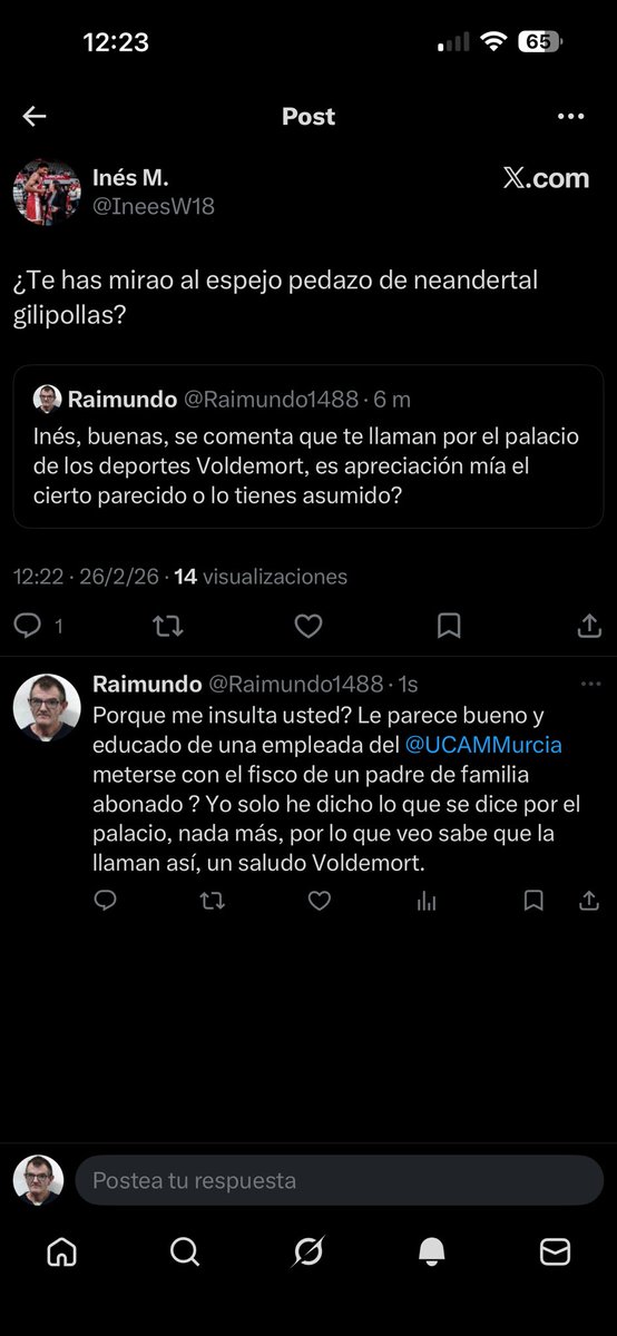 Raimundo1488's tweet photo. @UCAMMurcia Gran victoria, pero quiero pedir al UCAM Murcia que dé la cara por esta trabajadora que me insultó, ha borrado el tweet, gracias a Dios, hay captura. https://t.co/KfPQUSqRbq