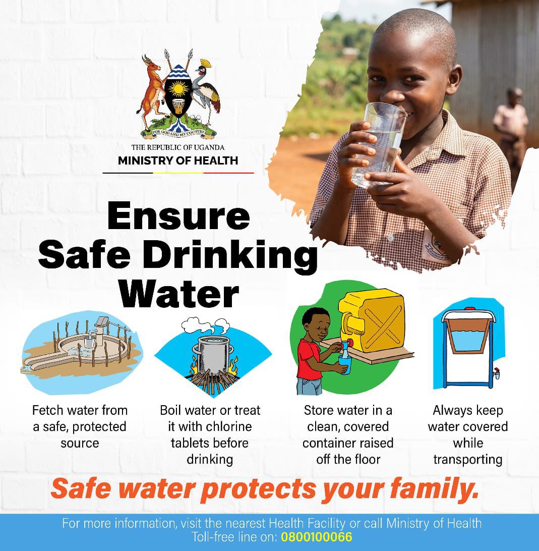 kukirizajoshua5's tweet photo. Stay hydrated and healthy, Uganda! 💧 Remember: Fetch water from protected sources, boil or treat with chlorine, store in clean covered containers off the floor, and keep it covered during transport. Safe water saves lives! #SafeWaterUG #HealthTips Via @MinofHealthUG Call 0800100066 for more. #GoldenPosts @MinofHealthUG @GovUganda @GCICUganda