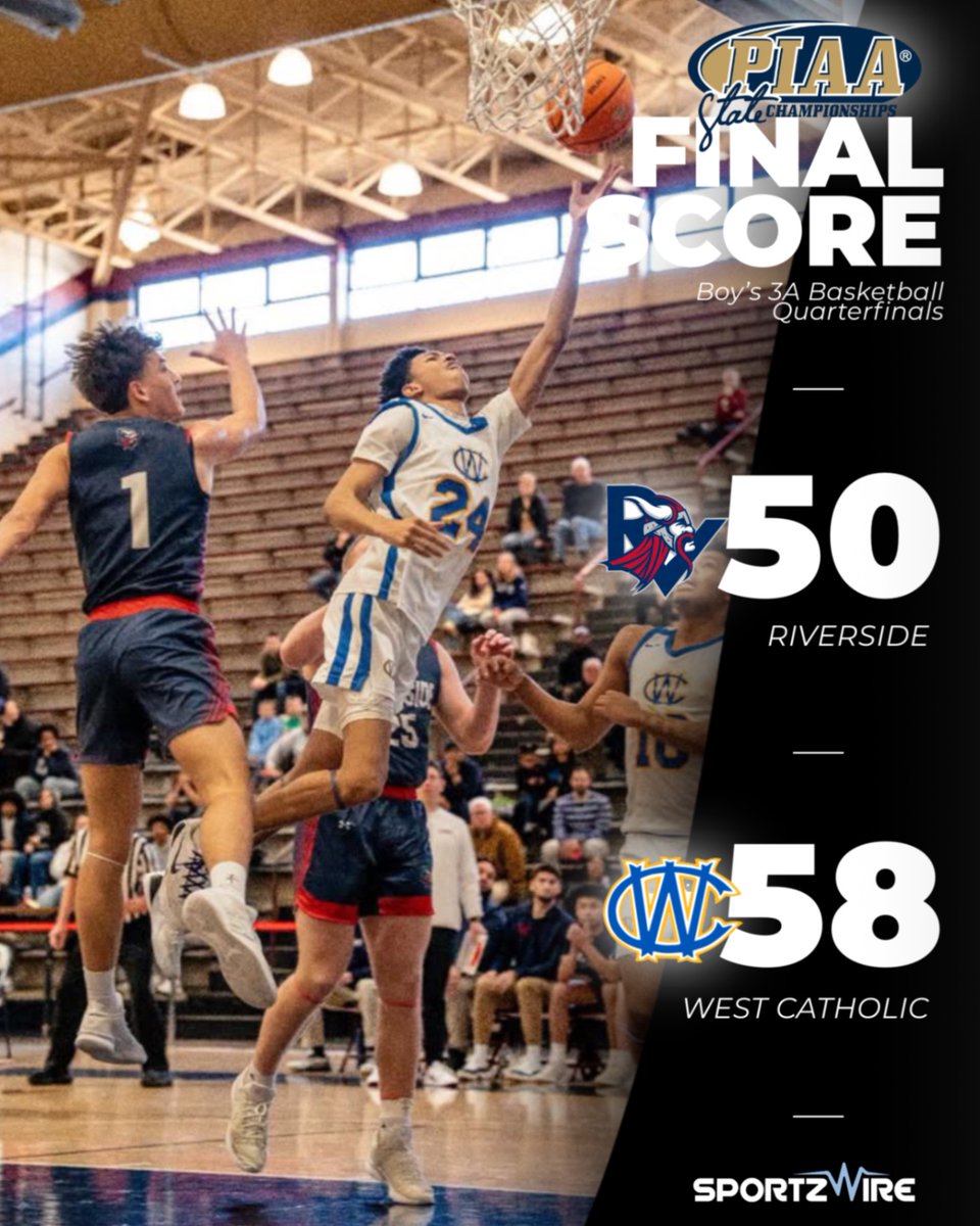 sportzwireLLC's tweet photo. Final score 3A Boys quarterfinal 
Riverside 50
West Catholic 58

West Catholic is final four bound defeating Riverside at Liberty HS in Bethlehem. Congrats to the Burrs and a great season for the Vikings comes to an end. (Apologies on the prior post) https://t.co/x5DANCXufQ