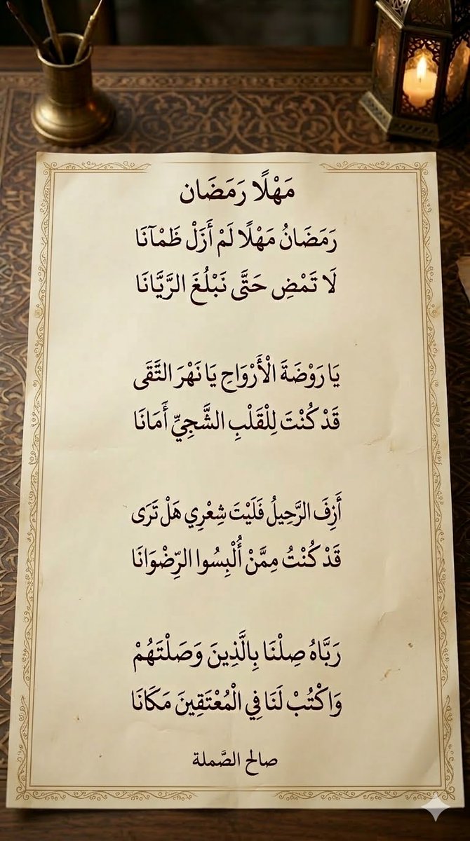 رَمَضَانُ مَهْلًا لَمْ أَزَلْ ظَمْآنَا
 لَا تَمْضِ حَتَّى نَبْلُغَ الرَّيَّانَا

يَا رَوْضَةَ الْأَرْوَاحِ يَا نَهْرَ التُّقَى 
قَدْ كُنْتَ لِلْقَلْبِ الشَّجِيِّ أَمَانَا

أَزِفَ الرَّحِيلُ فَلَيْتَ شِعْرِي هَلْ ترَى 
قَدْ كُنْتُ مِمَّنْ أُلْبِسُوا الرِّضْوَانَا

رَبَّاهُ صِلْنَا