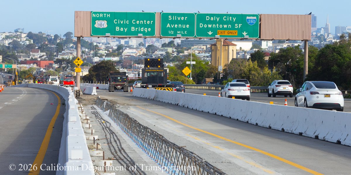 CaltransD4's tweet image. Caltran crews are making progress in SF on the U.S. 101 Bayshore Freeway (Hospital Curve) this am. Motorists traveling between Silver and Candlestick Pt. Area, can expect delays while lane reductions are in place. Plan early, check #Quickmap Learn more at sfhighwayprojects.com