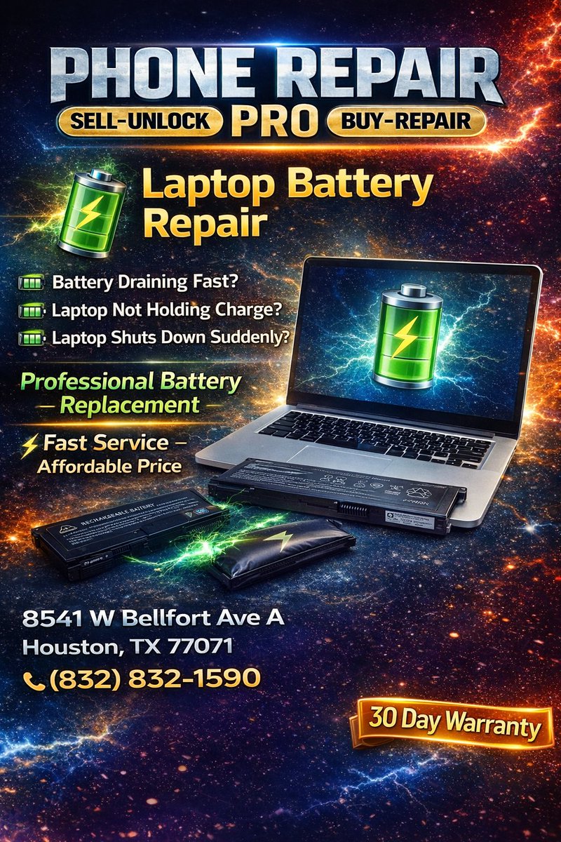 PhoneP89527's tweet image. 🔋 Laptop Battery Draining Fast?
We provide fast and affordable laptop battery replacement.
📍 8541 W Bellfort Ave A, Houston, TX
📞 (832) 832-1590
🛠 30 Day Warranty

#LaptopRepair #LaptopBattery #ComputerRepair #HoustonTX #PhoneRepairPro #TechRepair #BatteryReplacement