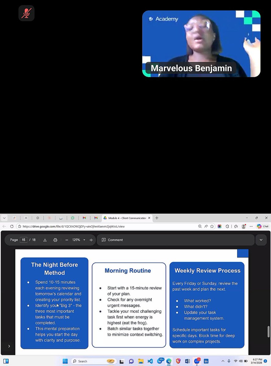 OOlutusin's tweet photo. Day 13 of the @TSAcademyOnline 30-Day Challenge
Today, we learned about task prioritization using the Eisenhower Matrix and productivity strategies like the Night Before Method, morning routines, and weekly reviews to manage tasks effectively.
#30DaysOfTech #LearningWithTSAcademy https://t.co/kPBM4JX7W0