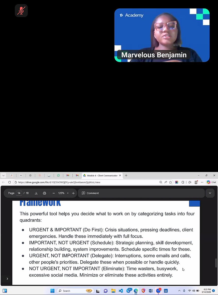 OOlutusin's tweet photo. Day 13 of the @TSAcademyOnline 30-Day Challenge
Today, we learned about task prioritization using the Eisenhower Matrix and productivity strategies like the Night Before Method, morning routines, and weekly reviews to manage tasks effectively.
#30DaysOfTech #LearningWithTSAcademy https://t.co/kPBM4JX7W0