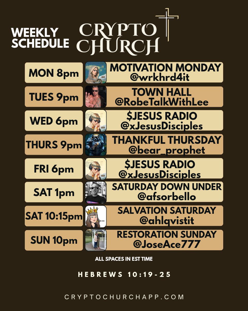 Crypto Church | Weekly Schedule   

Join "The Disciples" community on X for easy access to space links.  ALL ARE WELCOME 🙏 

X Admin:
@CastingCoins
<a href="/WrkHrd4it/">𝚁𝚒𝚝𝚊 🙏‧₊˚</a>

$Jesus CTO Twitter:
<a href="/JesusCoinMain/">Jesus Coin</a> 

Crypto Church App:
<a href="/CryptoChurchApp/">CryptoChurch App</a> 
cryptochurchapp.com