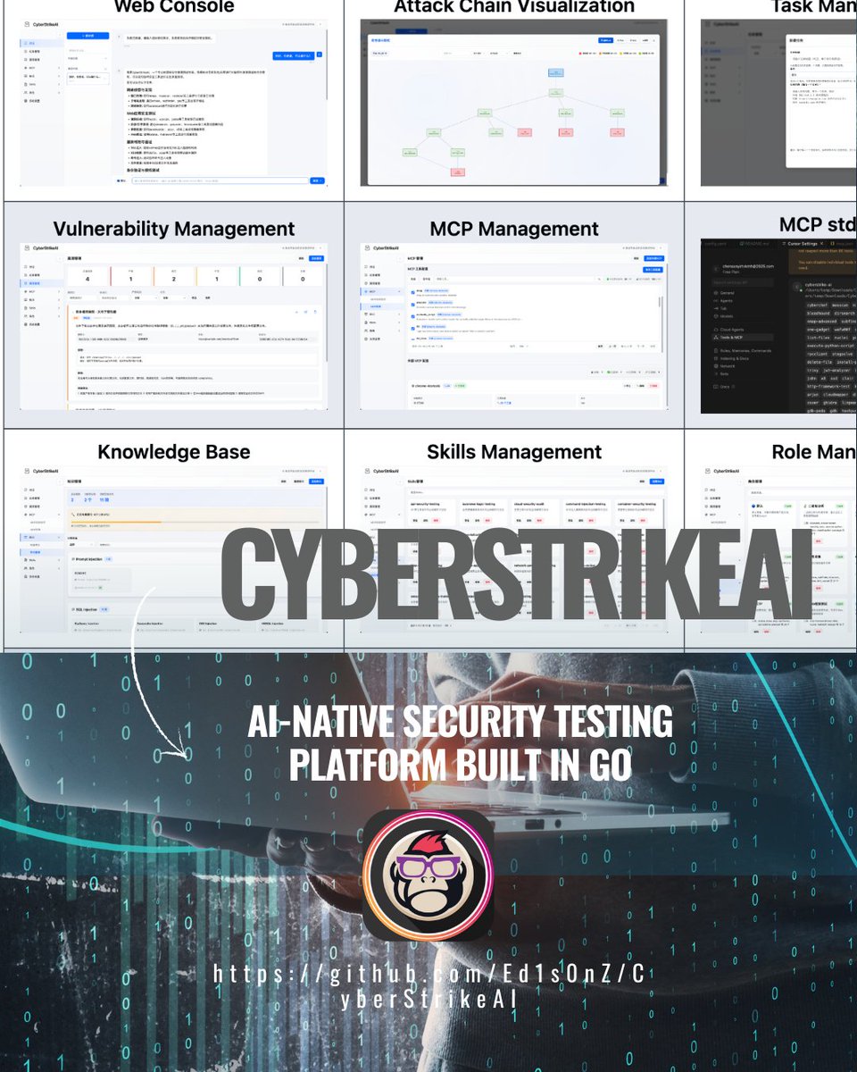 🤖 #CyberStrikeAI: IA nativa + 100+ herramientas para auditorías de ciberseguridad automatizadas 🚀 Descubre vulnerabilidades complejas con flujos inteligentes y trazabilidad total. ¡Eleva tu Red Team! #ai #mcp #ctftools #aiagents #pentestingtools #aipenetrationtesting #aihacking
