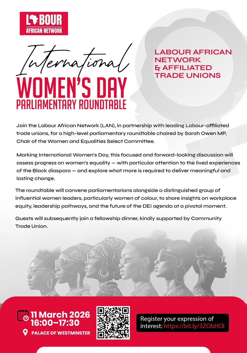 Labour_african's tweet photo. A powerful discussion this week at the @LabourAfricanN International Women’s Day Parliamentary Roundtable in Westminster.

Thank you to @SarahChampionMP ,Chair of the Women & Equalities Select Committee, for expertly chairing, and to all MPs and participants who joined us.

We explored the lived experiences of Black women in the workplace, the intersection of race and gender, and what more employers, government, unions and society must do to deliver real equality.

Next steps: LAN will be writing to the TUC General Secretary and Ministers highlighting the issues raised and the call to action.

Thank you to Community Union for supporting the post-event dinner.

#IWD2026 #WomenInWork #Equality