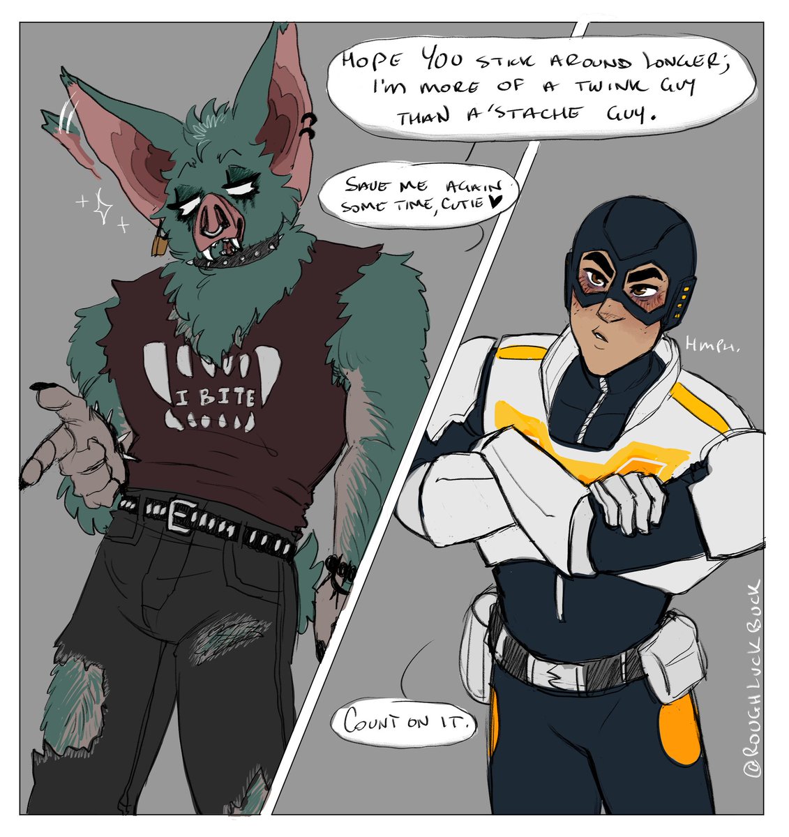 Robert n Sonar meet a decade earlier, before Robert has perfected his mad Aloof Game..... tbh I just wanted to draw punk Sonar 😔

#mechabat