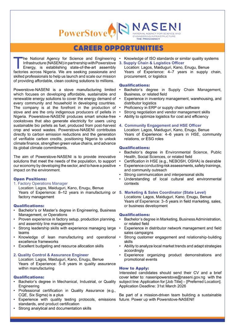 MSIngawa's tweet photo. JOB ALERT

Career Opportunities- Powerstove–NASENI Initiative.

Location: Lagos, Maiduguri, Kano, Enugu, and Benue.

https://t.co/aHQV0lYjxT https://t.co/oKc4vTKh0f
