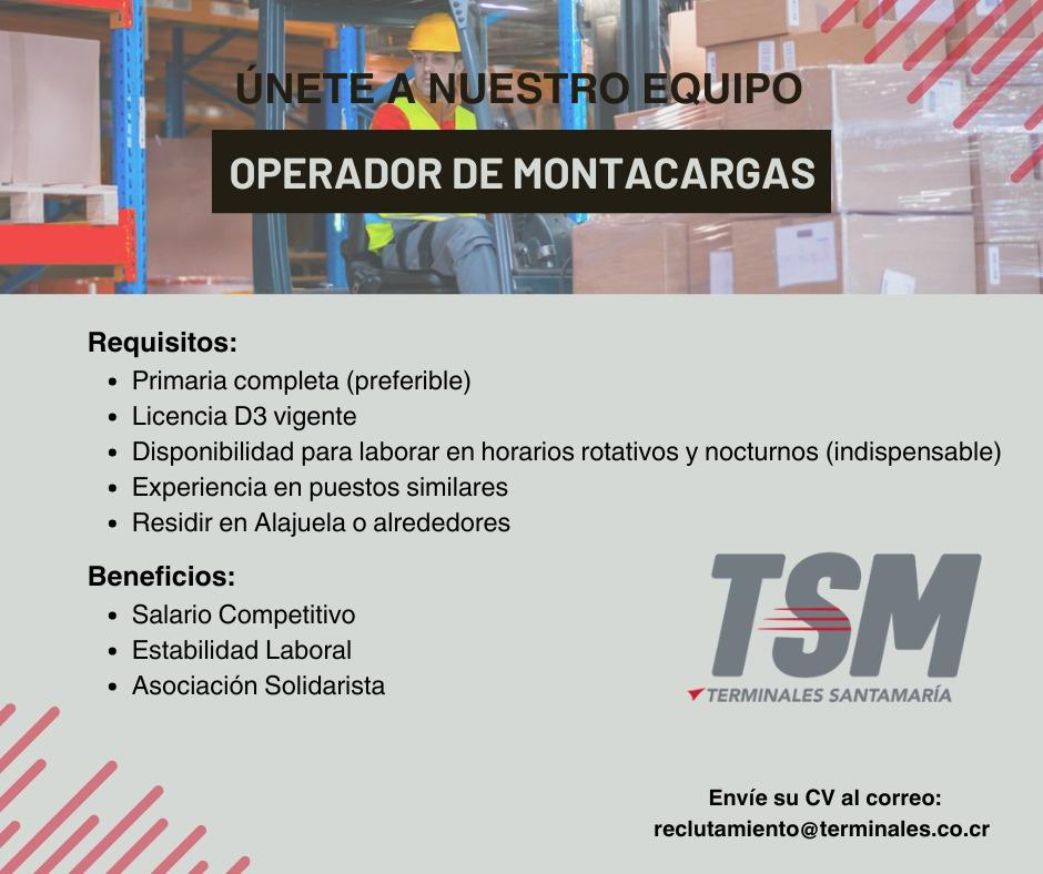 #Empleos506CR #Alajuela   
TSM requiere "OPERADOR DE MONTACARGAS", Alajuela.