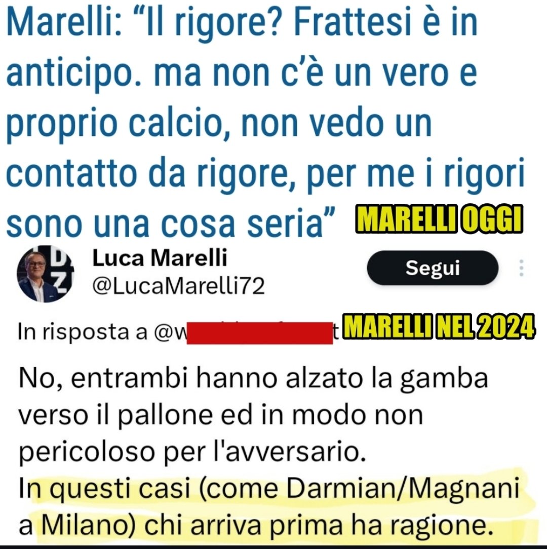 Purtroppo anche <a href="/LucaMarelli72/">Luca Marelli</a> una persona che reputo competente oggi non può dire quello che ha detto. Deve capire che il suo parere ha un certo peso e bisogna essere imparziali, coerenti e onesti. Se Frattesi è in anticipo e prende un calcio, è rigore sempre. #InterAtalanta