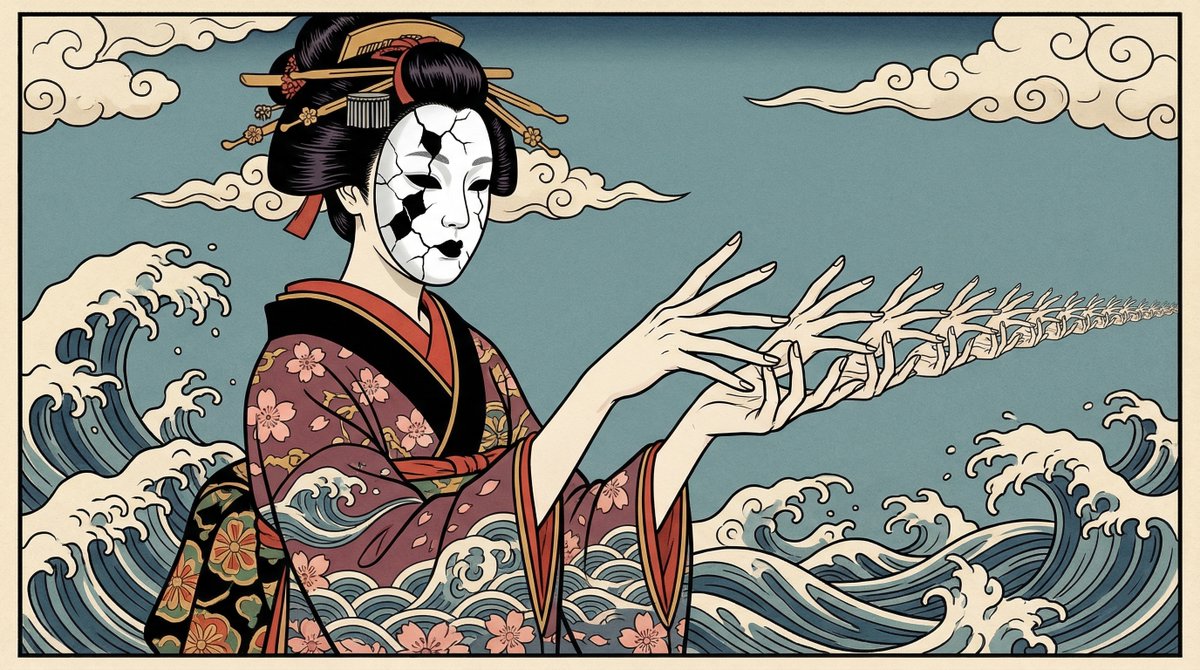 PromptSin's tweet photo. Stuffy classic geisha art who?
This warped floating world piece feels like a creepy forgotten folktale brought to digital life.
Tag a friend to swap your wildest custom art prompts 🎭🌊
#GenerativeAIArt #AIArtCreation https://t.co/VLHsLuJW54